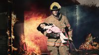 Hero. Fireman Rescuing a Baby From Burning House